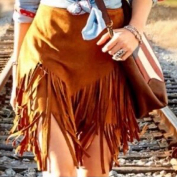 Sheryl Crow Dresses & Skirts - Sheryl Crow Fringe A-Line Skirt in Tan | Suede Look | Boho Western | Size M